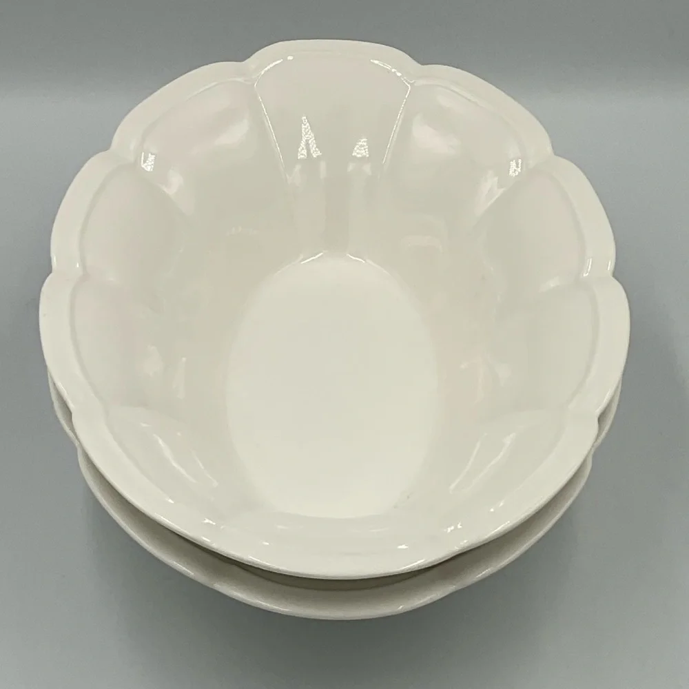 2 Oblong White Scalloped Ceramic Serving Bowls